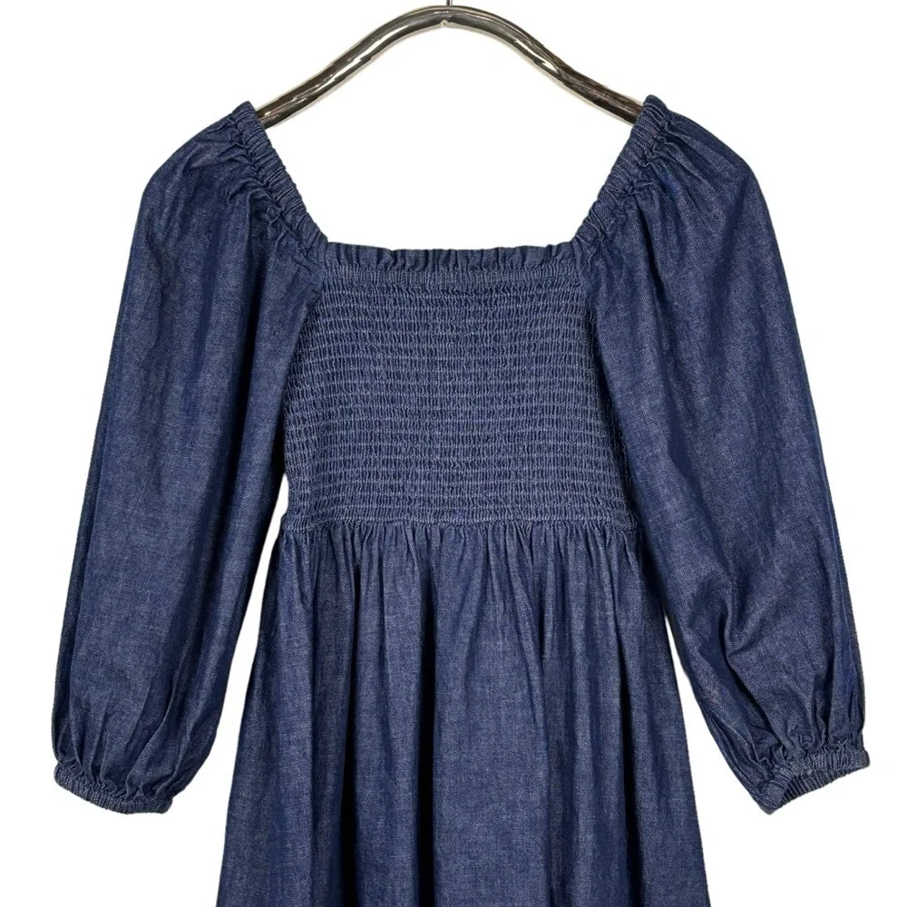 J. CREW BG118 COTTON CHAMBRAY DENIM BLUE SMOCKED PUFF SLEEVE MINI DRESS